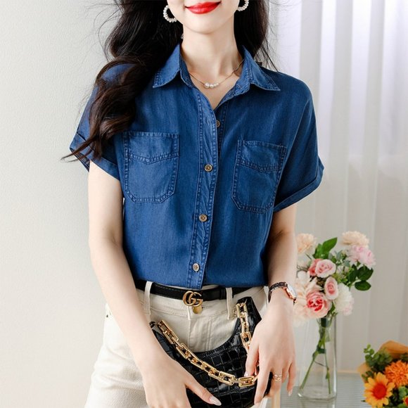Calming Bright Tops - Women's Casual Button Down Denim Blouse Pockets Short Sleeve